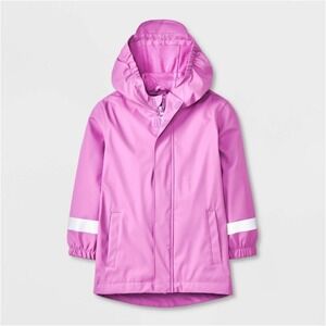 Cat and Jack Hooded Raincoat Girls L 10 / 12 Reflective Strips Pink Spring